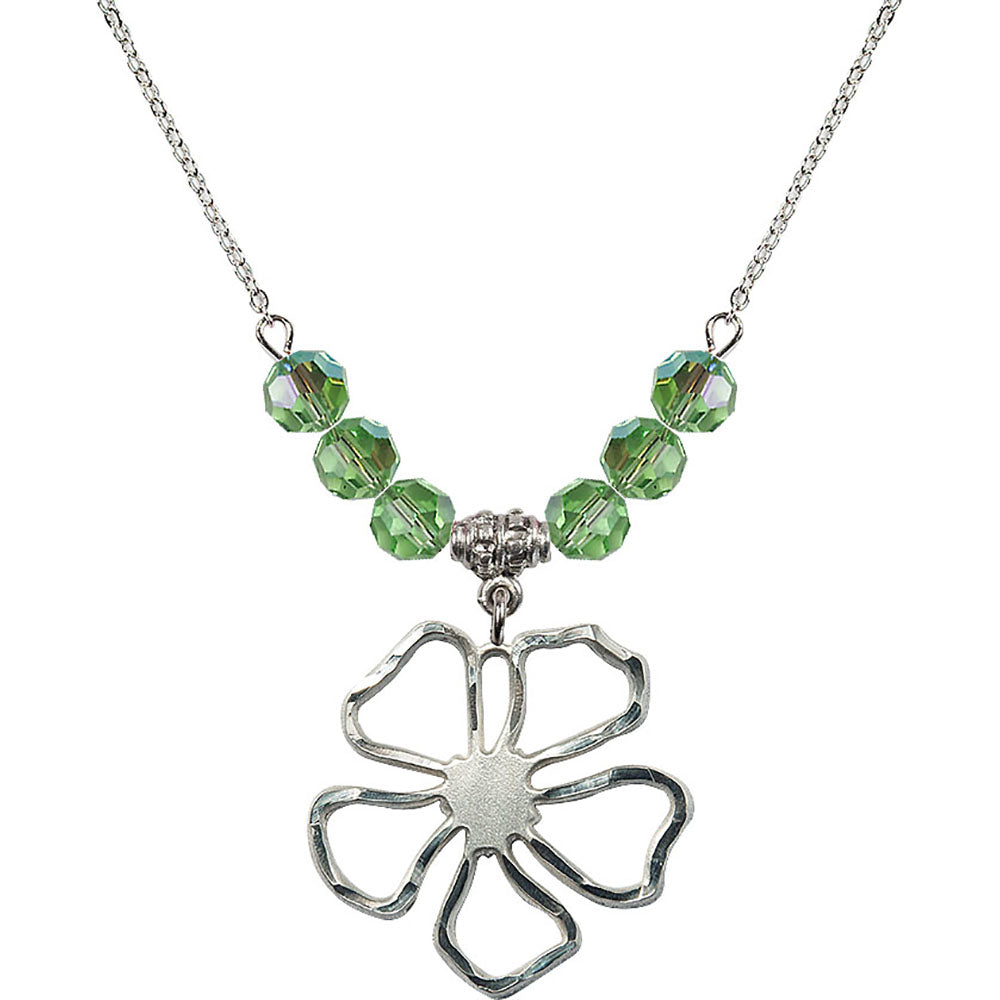 Sterling Silver Five Pedal Flower Birthstone Necklace with Peridot Beads - 5109