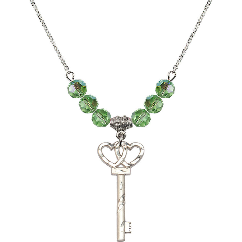 Sterling Silver Small Key w/Double Hearts Birthstone Necklace with Peridot Beads - 6213