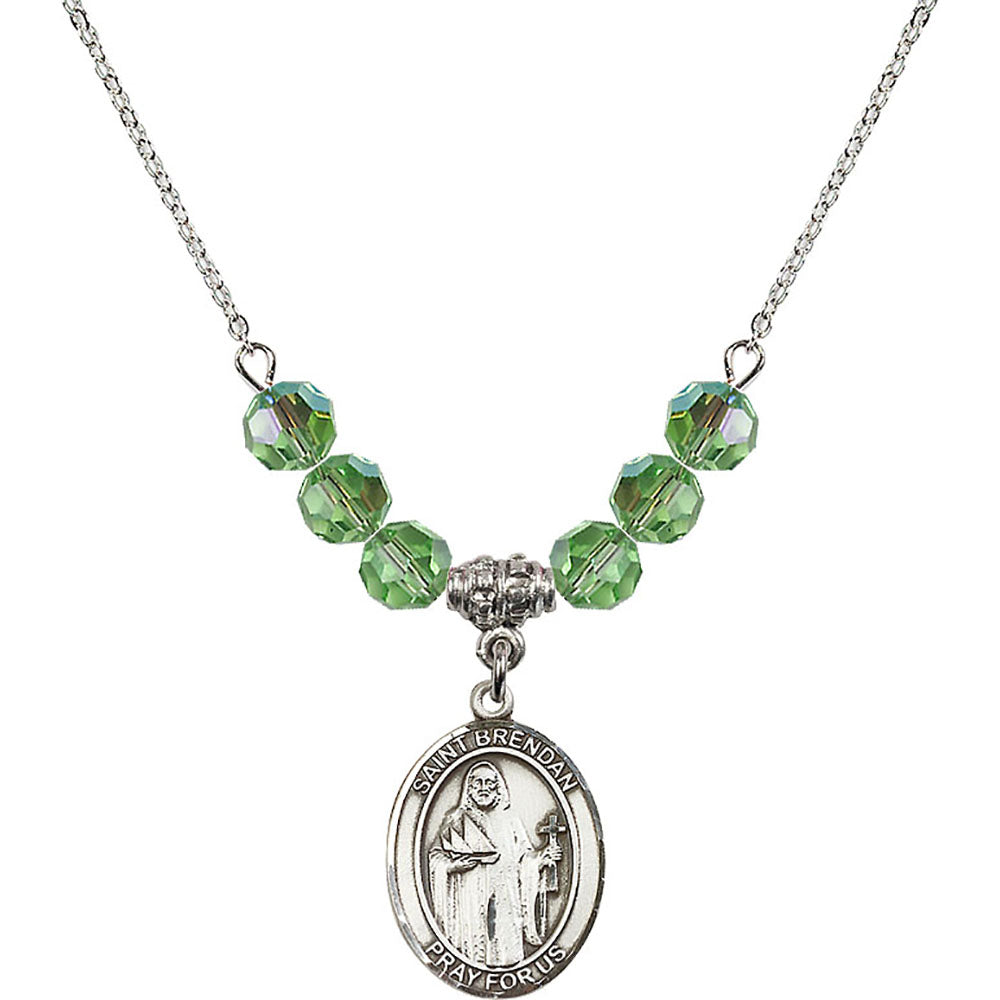 Sterling Silver Saint Brendan the Navigator Birthstone Necklace with Peridot Beads - 8018