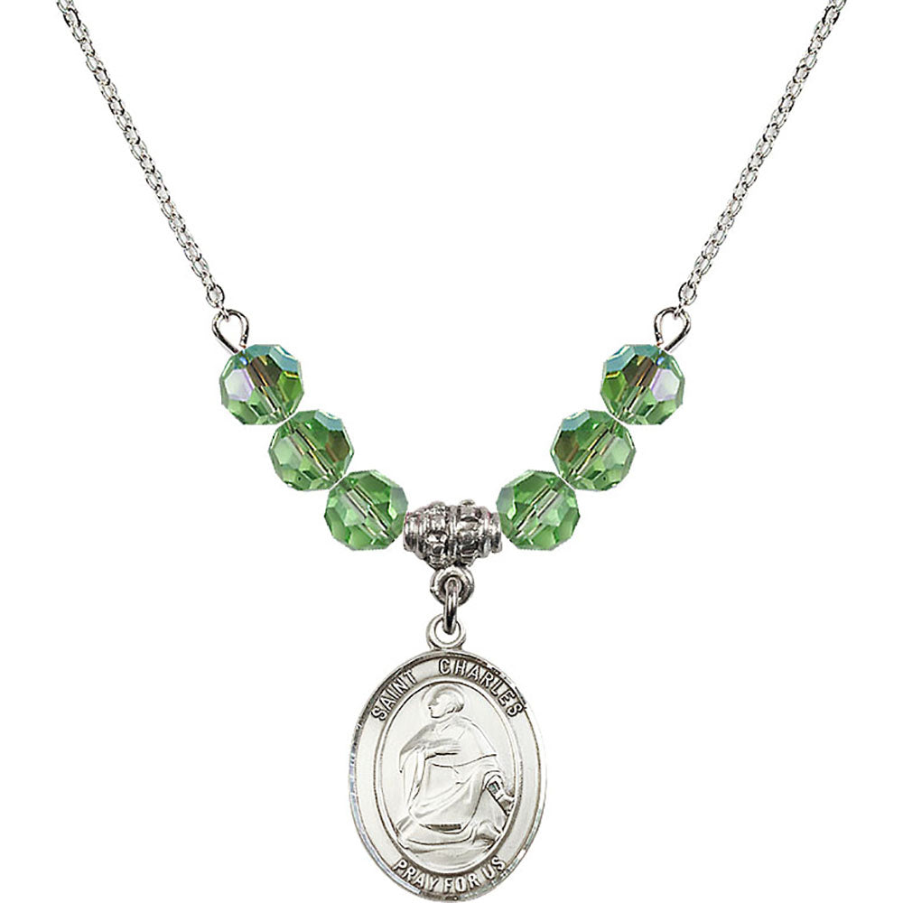 Sterling Silver Saint Charles Borromeo Birthstone Necklace with Peridot Beads - 8020