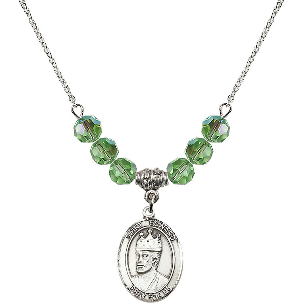 Sterling Silver Saint Edward the Confessor Birthstone Necklace with Peridot Beads - 8026
