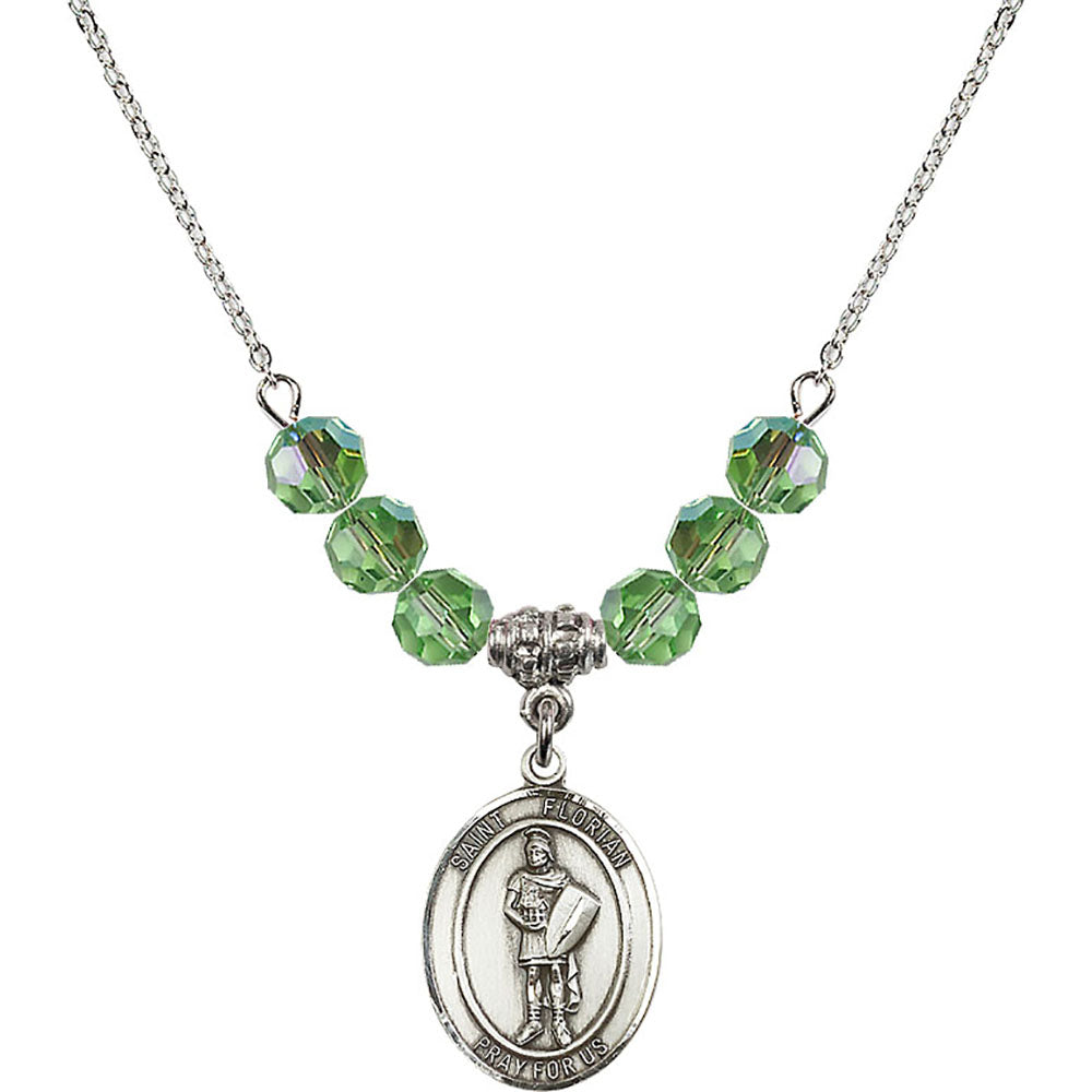 Sterling Silver Saint Florian Birthstone Necklace with Peridot Beads - 8034