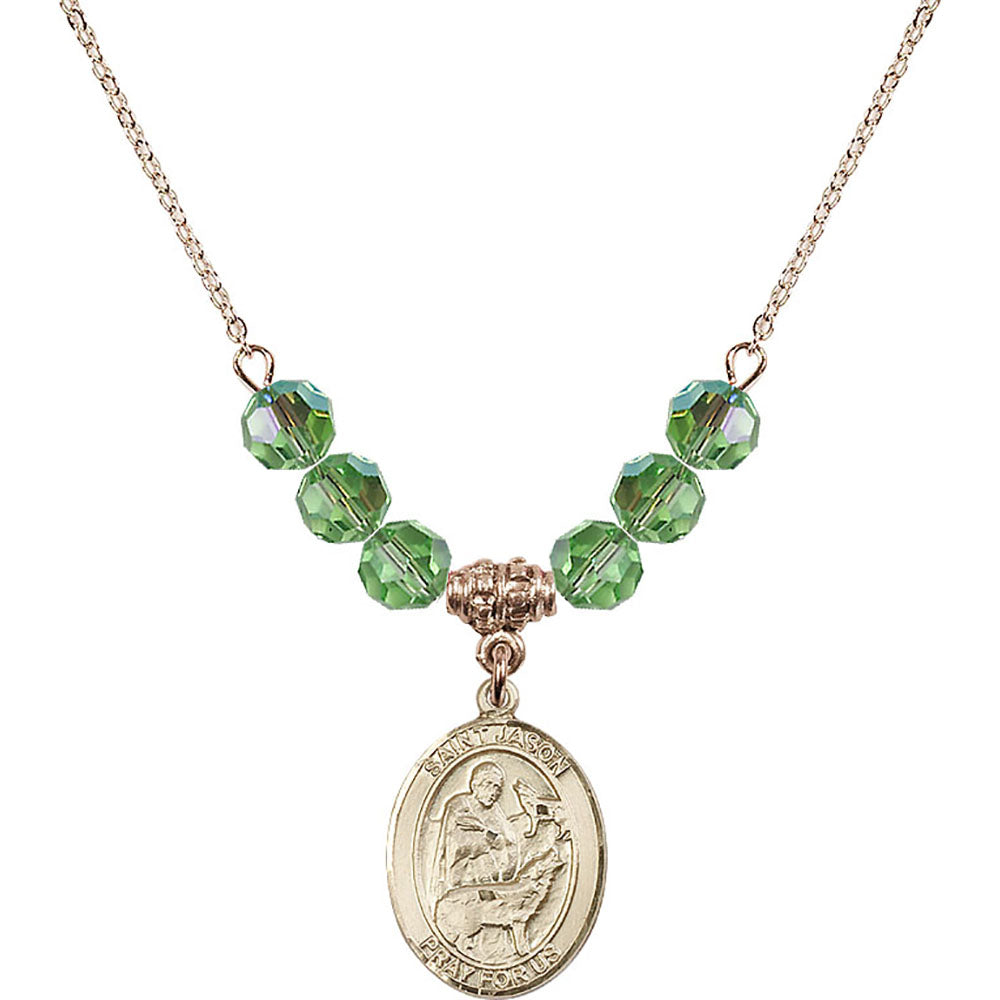 14kt Gold Filled Saint Jason Birthstone Necklace with Peridot Beads - 8051