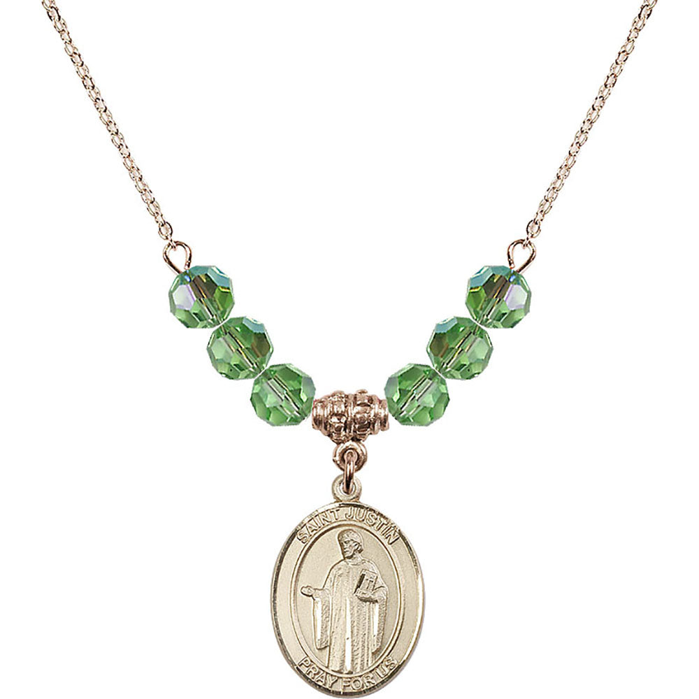 14kt Gold Filled Saint Justin Birthstone Necklace with Peridot Beads - 8052