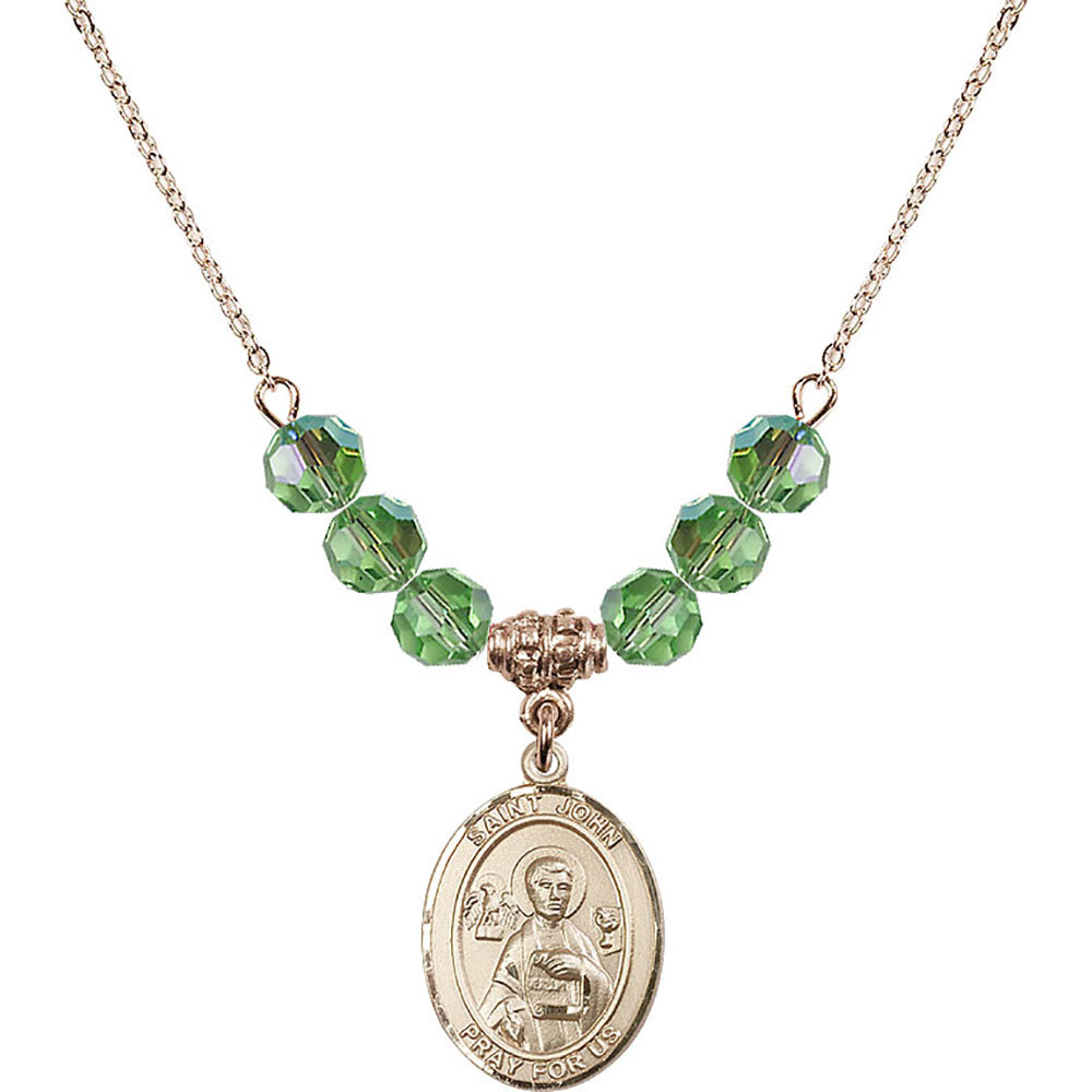 14kt Gold Filled Saint John the Apostle Birthstone Necklace with Peridot Beads - 8056
