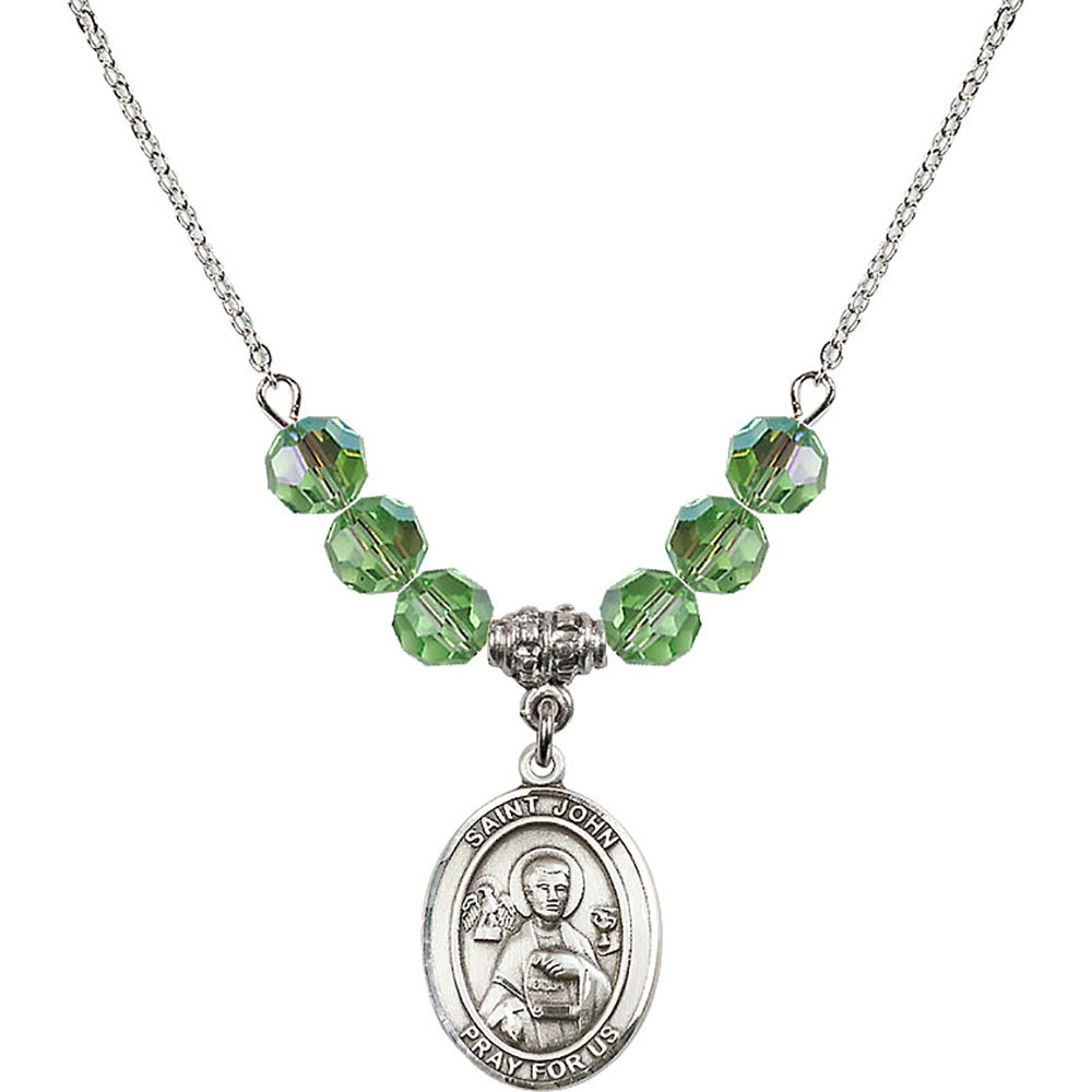 Sterling Silver Saint John the Apostle Birthstone Necklace with Peridot Beads - 8056