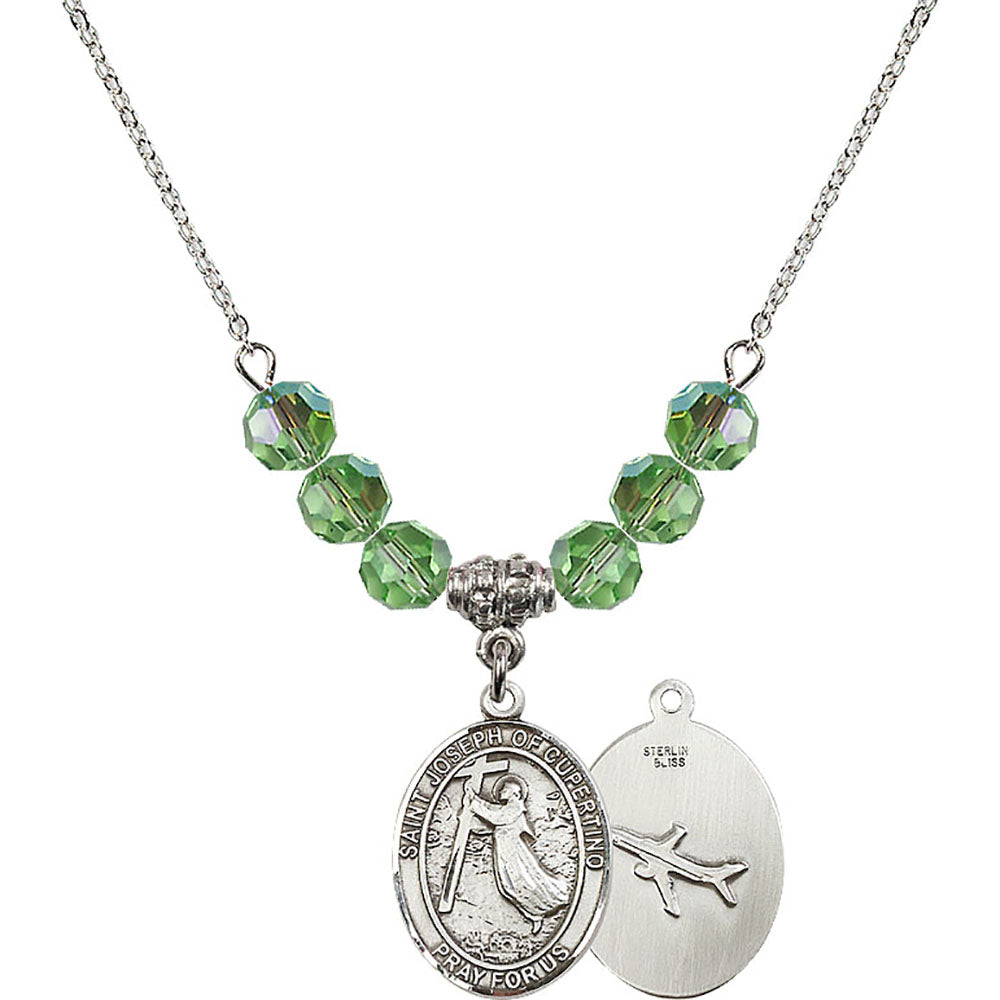 Sterling Silver Saint Joseph of Cupertino Birthstone Necklace with Peridot Beads - 8057