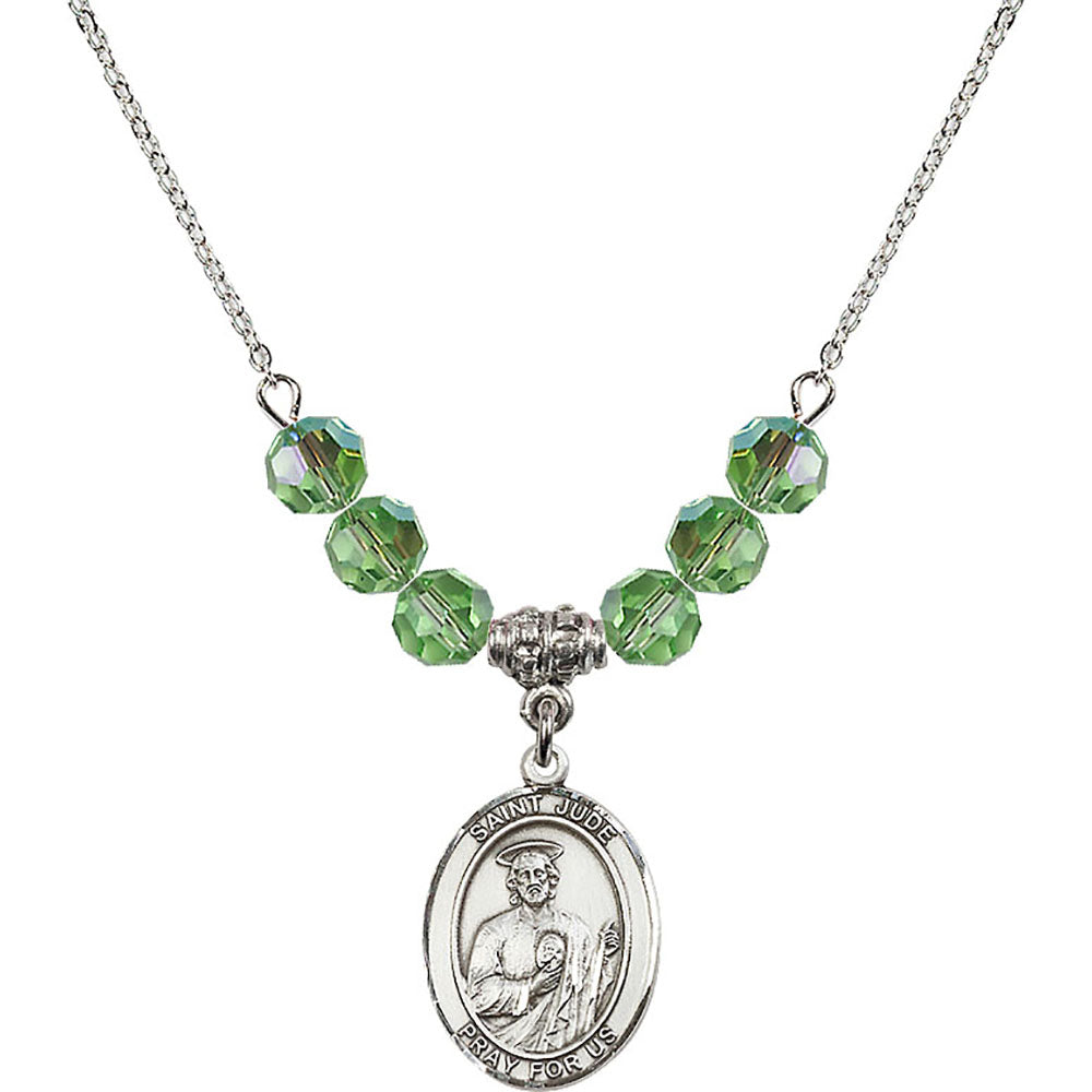 Sterling Silver Saint Jude Thaddeus Birthstone Necklace with Peridot Beads - 8060