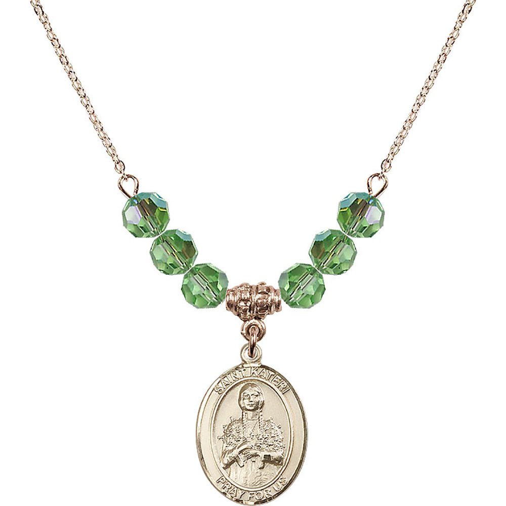 14kt Gold Filled Saint Kateri Tekakwitha Birthstone Necklace with Peridot Beads - 8061