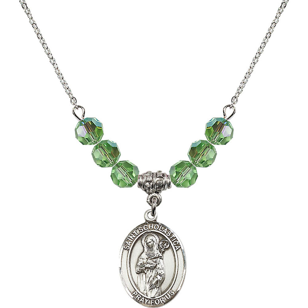 Sterling Silver Saint Scholastica Birthstone Necklace with Peridot Beads - 8099