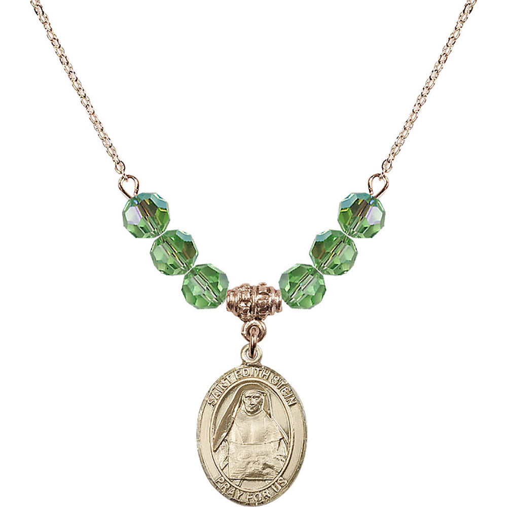14kt Gold Filled Saint Edith Stein Birthstone Necklace with Peridot Beads - 8103