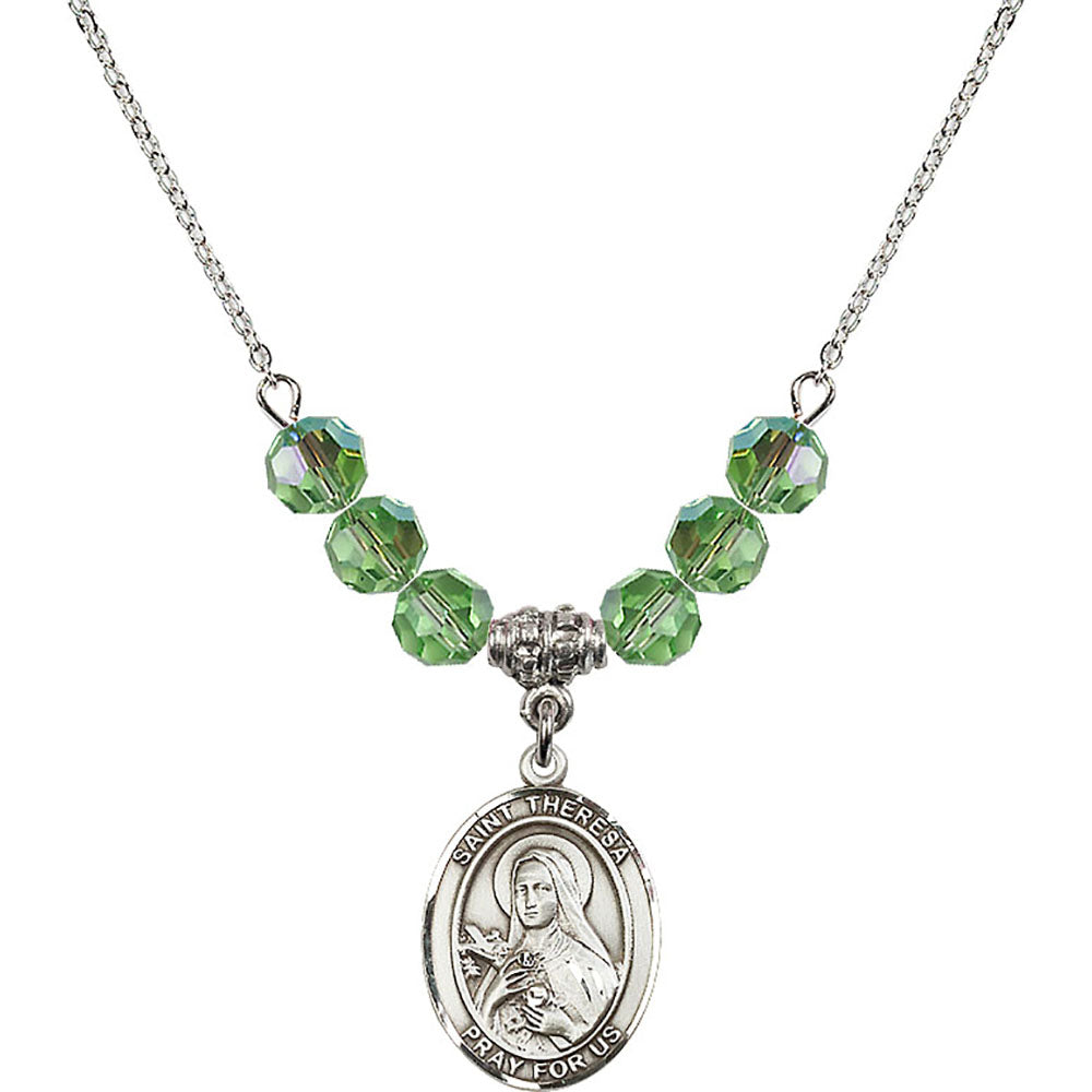 Sterling Silver Saint Theresa Birthstone Necklace with Peridot Beads - 8106