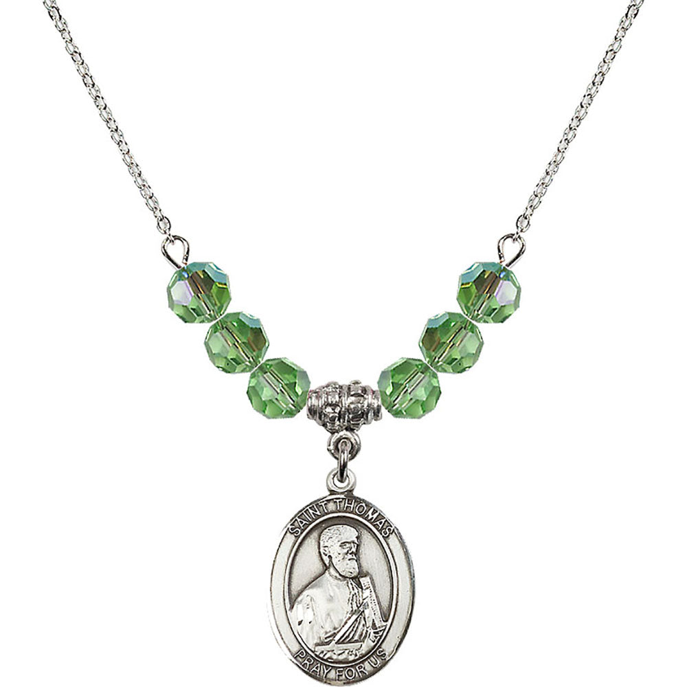 Sterling Silver Saint Thomas the Apostle Birthstone Necklace with Peridot Beads - 8107