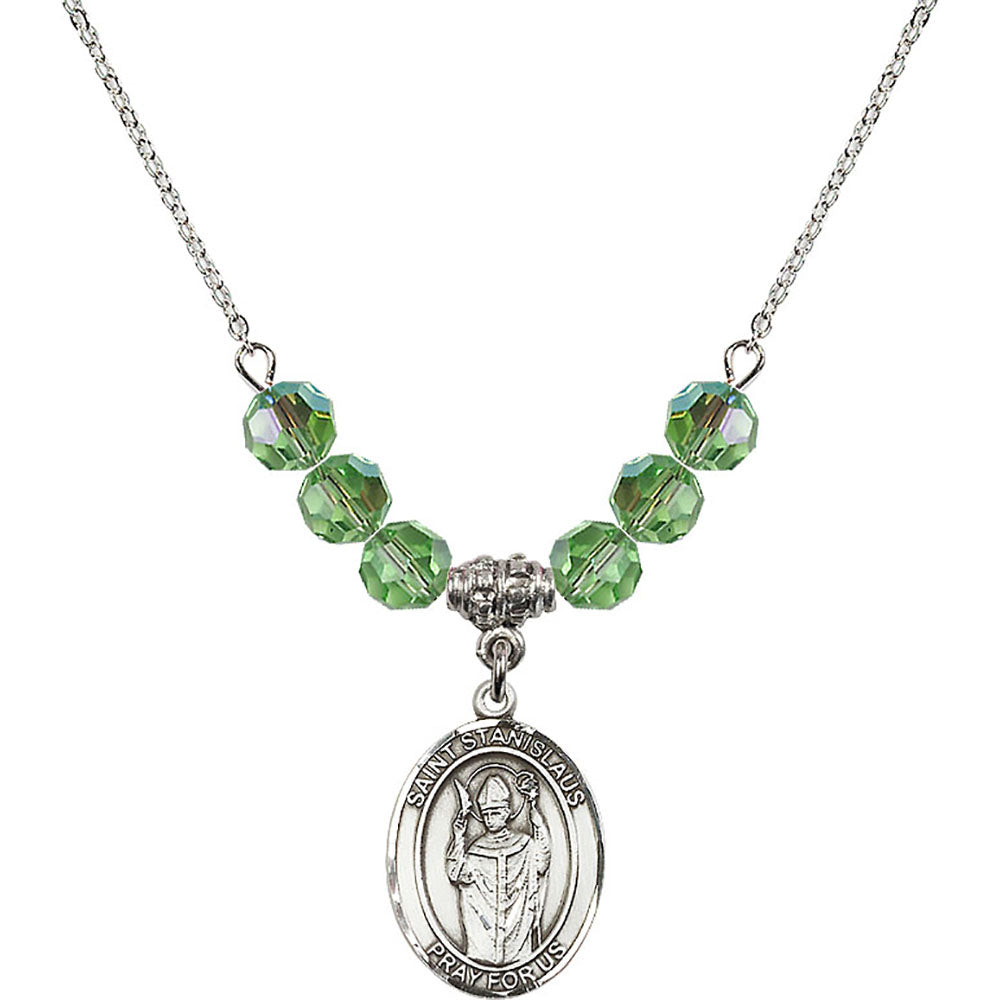 Sterling Silver Saint Stanislaus Birthstone Necklace with Peridot Beads - 8124