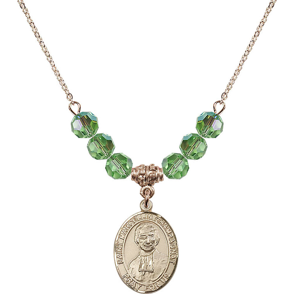 14kt Gold Filled Saint Marcellin Champagnat Birthstone Necklace with Peridot Beads - 8131