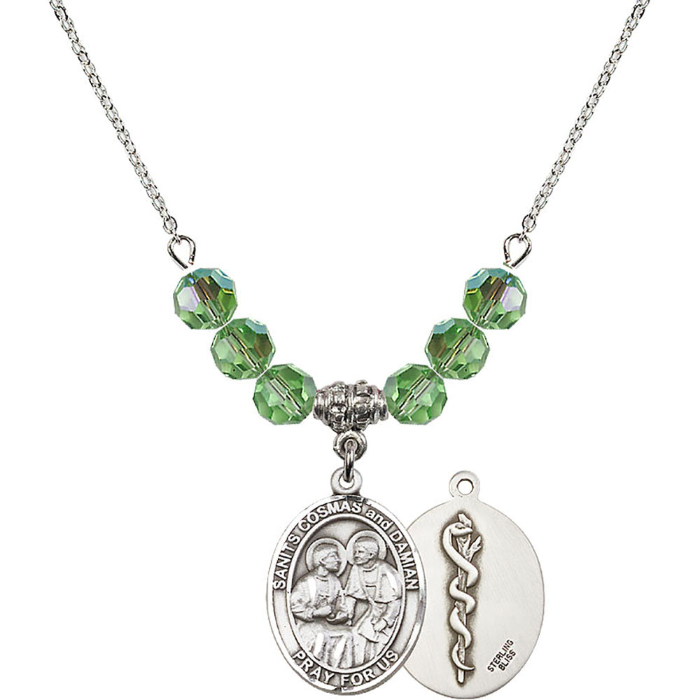 Sterling Silver Saints Cosmas & Damian / Doctors Birthstone Necklace with Peridot Beads - 8132