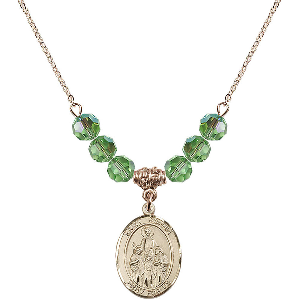 14kt Gold Filled Saint Sophia Birthstone Necklace with Peridot Beads - 8136