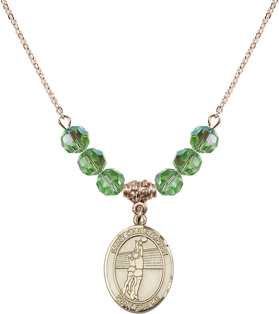 14kt Gold Filled Saint Christopher/Volleyball Birthstone Necklace with Peridot Beads - 8138