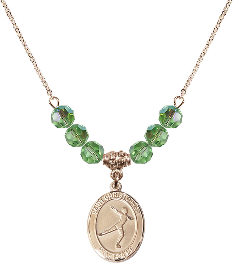 14kt Gold Filled Saint Christopher/Figure Skating Birthstone Necklace with Peridot Beads - 8139