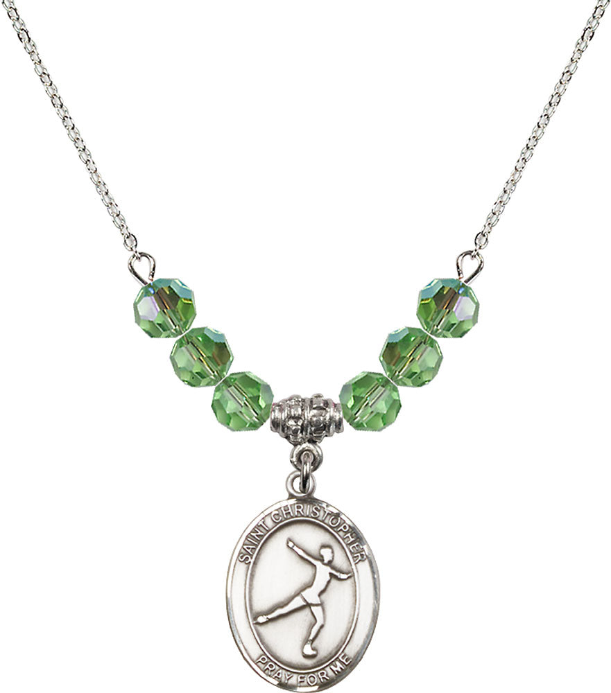 Sterling Silver Saint Christopher/Figure Skating Birthstone Necklace with Peridot Beads - 8139