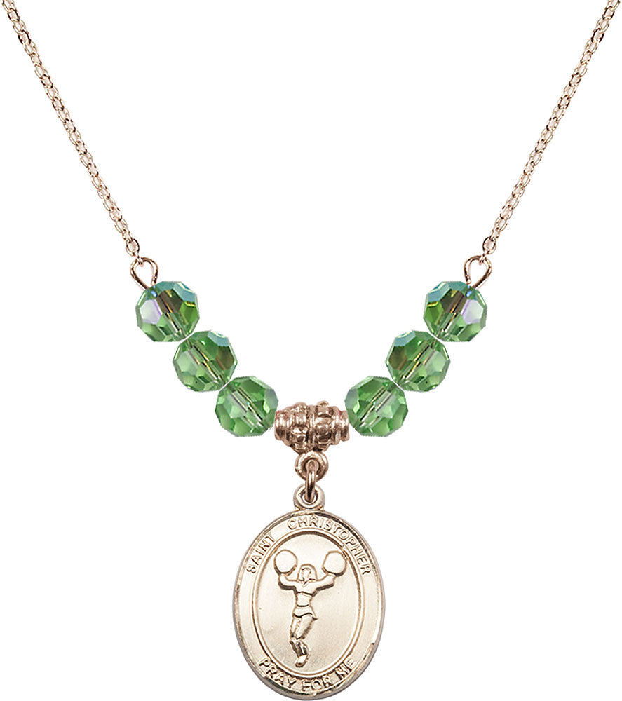 14kt Gold Filled Saint Christopher/Cheerleading Birthstone Necklace with Peridot Beads - 8140
