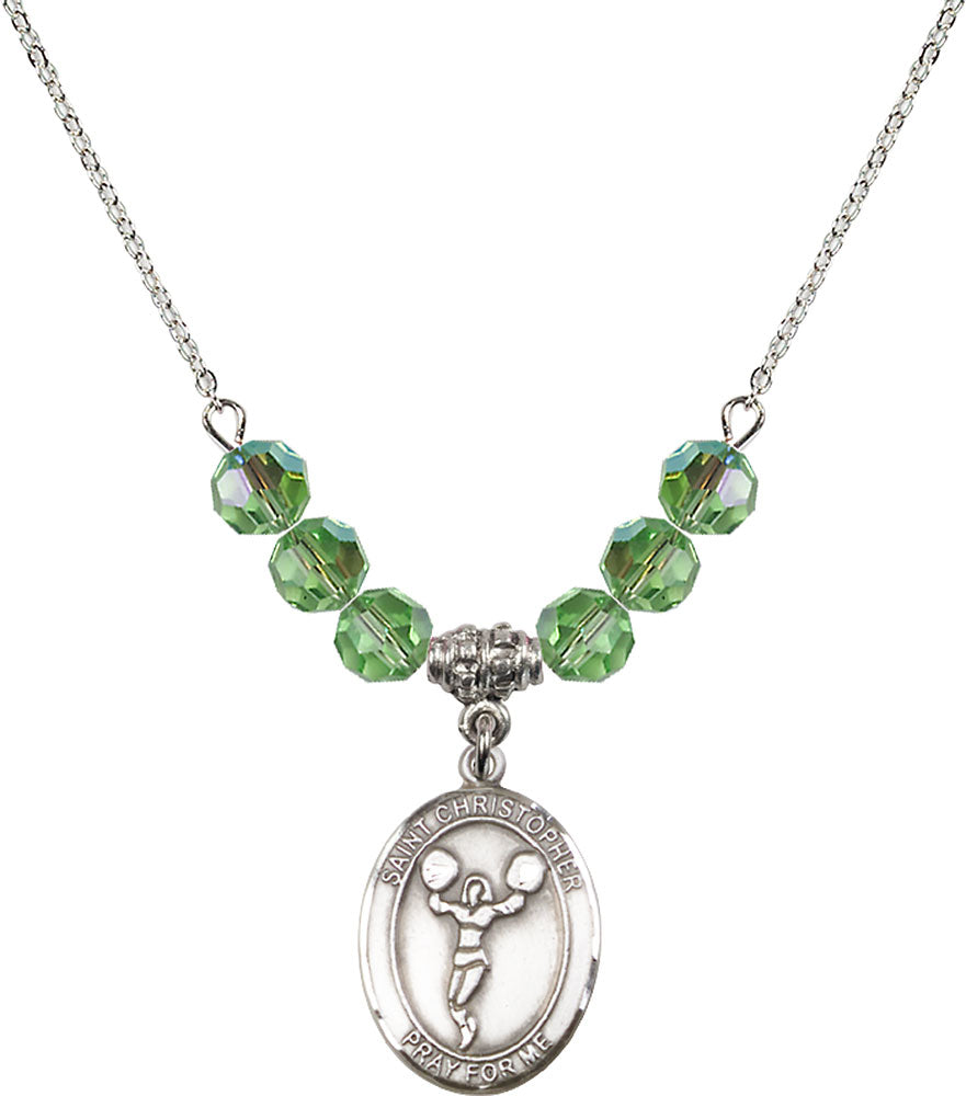Sterling Silver Saint Christopher/Cheerleading Birthstone Necklace with Peridot Beads - 8140