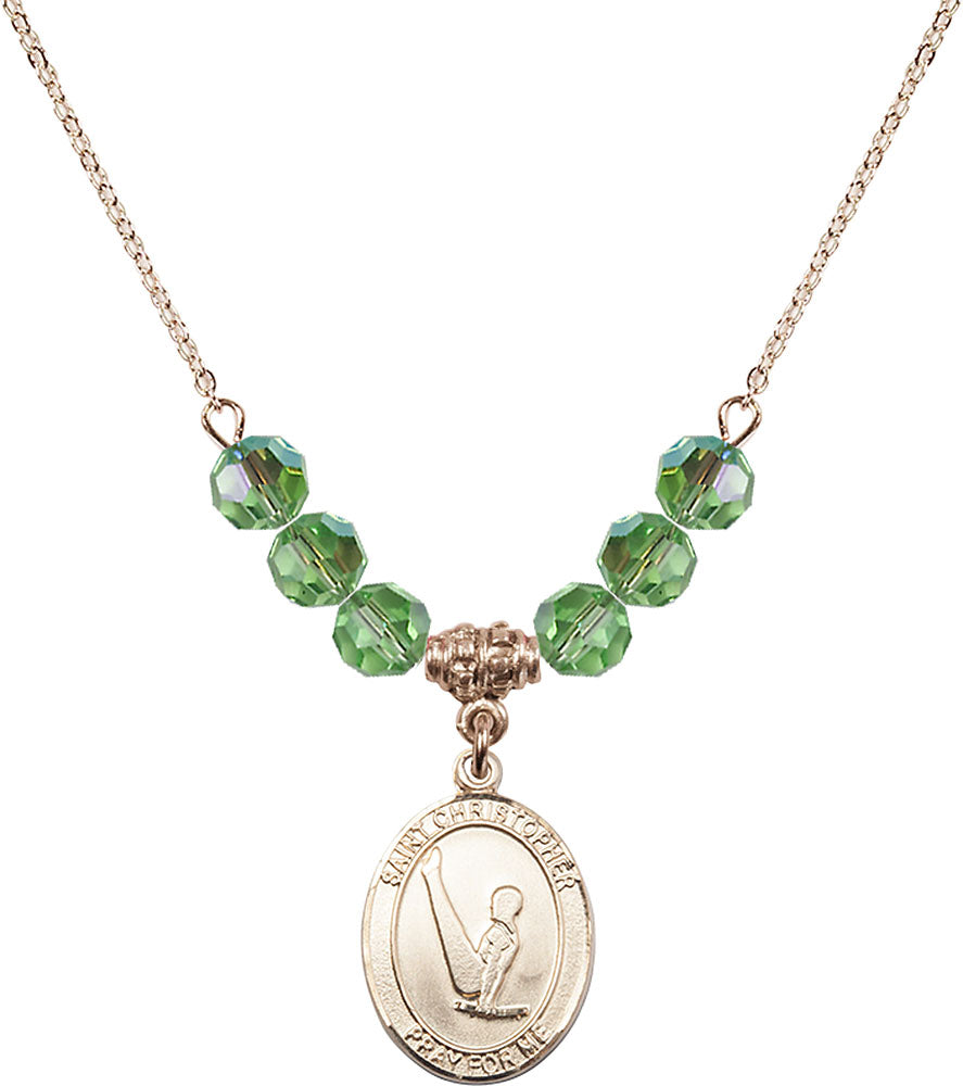 14kt Gold Filled Saint Christopher/Gymnastics Birthstone Necklace with Peridot Beads - 8142