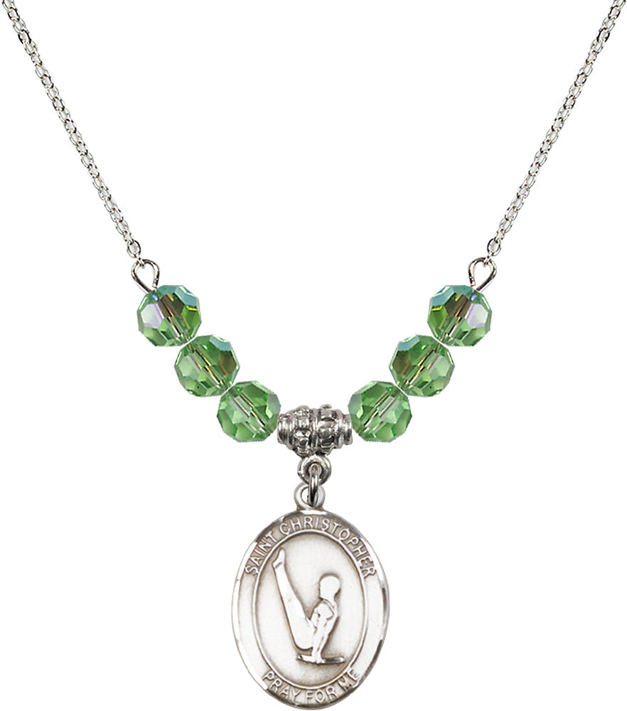 Sterling Silver Saint Christopher/Gymnastics Birthstone Necklace with Peridot Beads - 8142