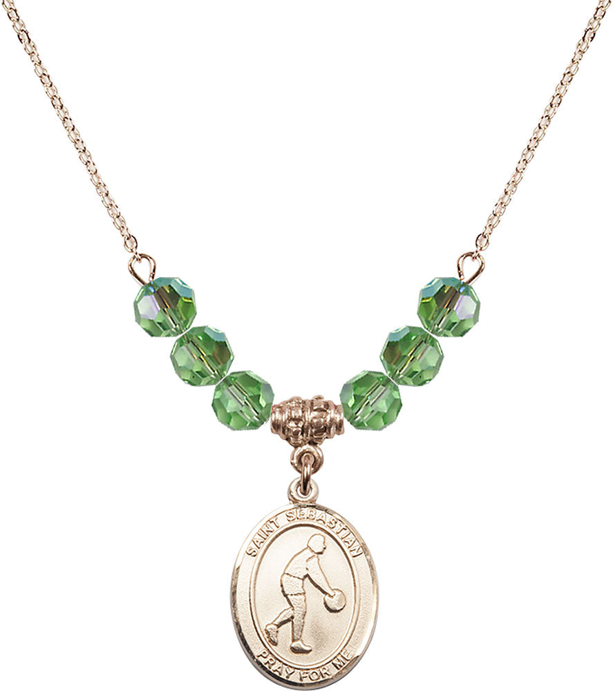 14kt Gold Filled Saint Sebastian/Basketball Birthstone Necklace with Peridot Beads - 8163