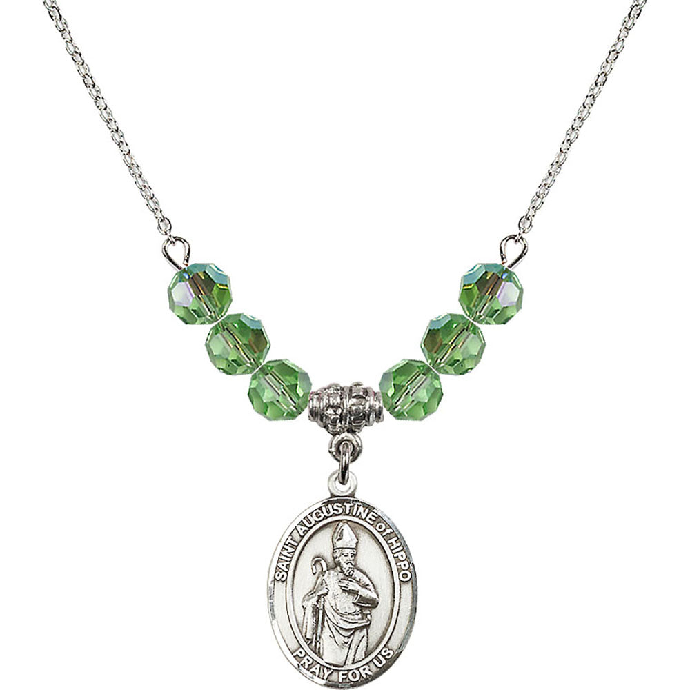 Sterling Silver Saint Augustine of Hippo Birthstone Necklace with Peridot Beads - 8202