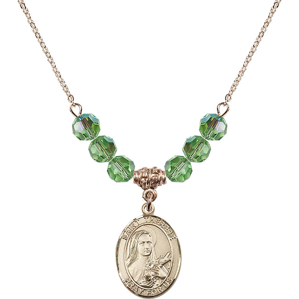 14kt Gold Filled Saint Therese of Lisieux Birthstone Necklace with Peridot Beads - 8210