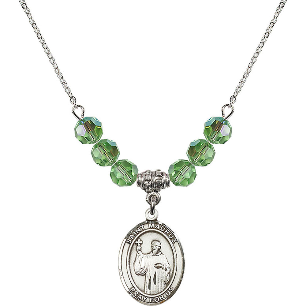 Sterling Silver Saint Maurus Birthstone Necklace with Peridot Beads - 8241