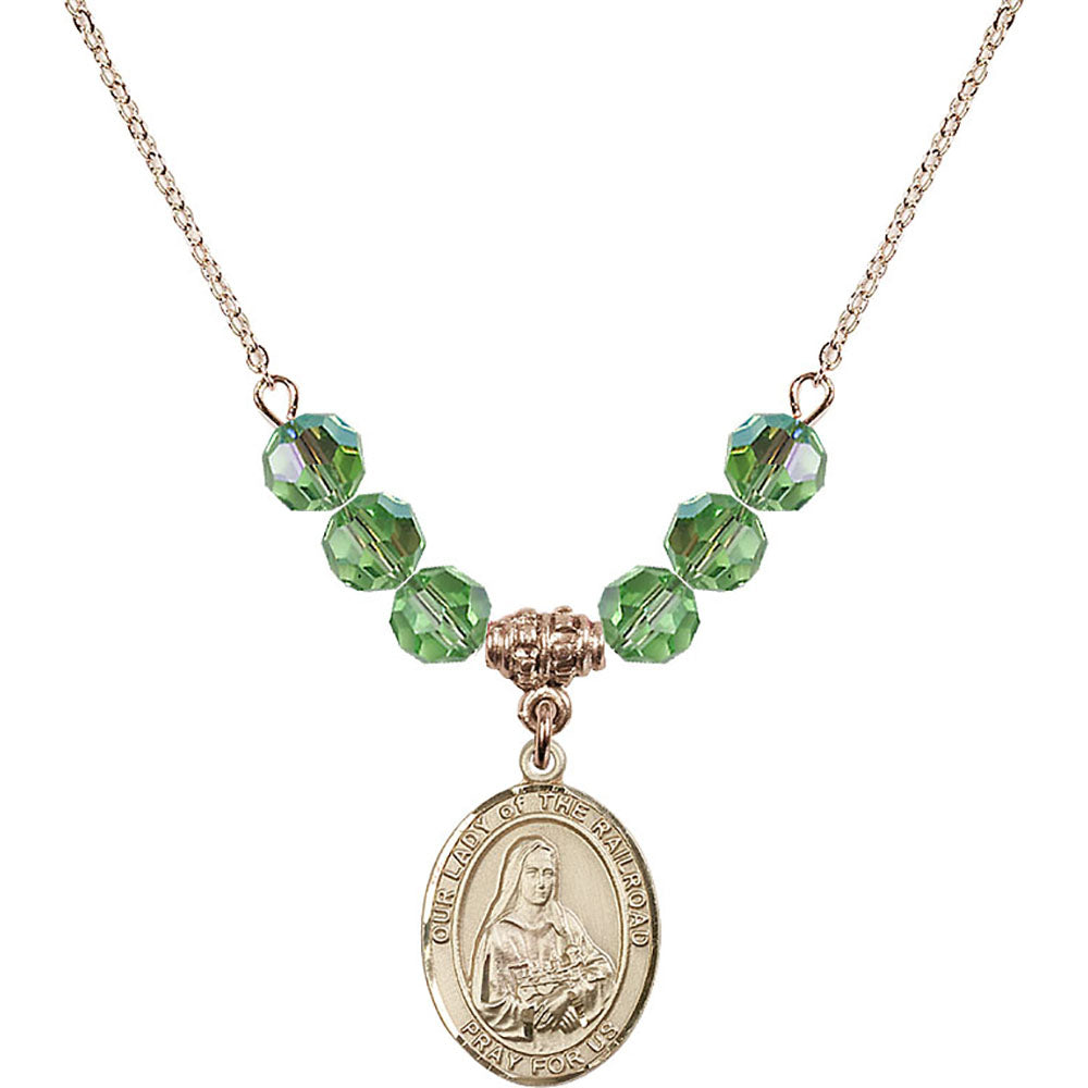 14kt Gold Filled Our Lady of the Railroad Birthstone Necklace with Peridot Beads - 8247