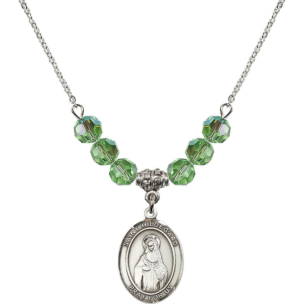 Sterling Silver Saint Hildegard von Bingen Birthstone Necklace with Peridot Beads - 8260