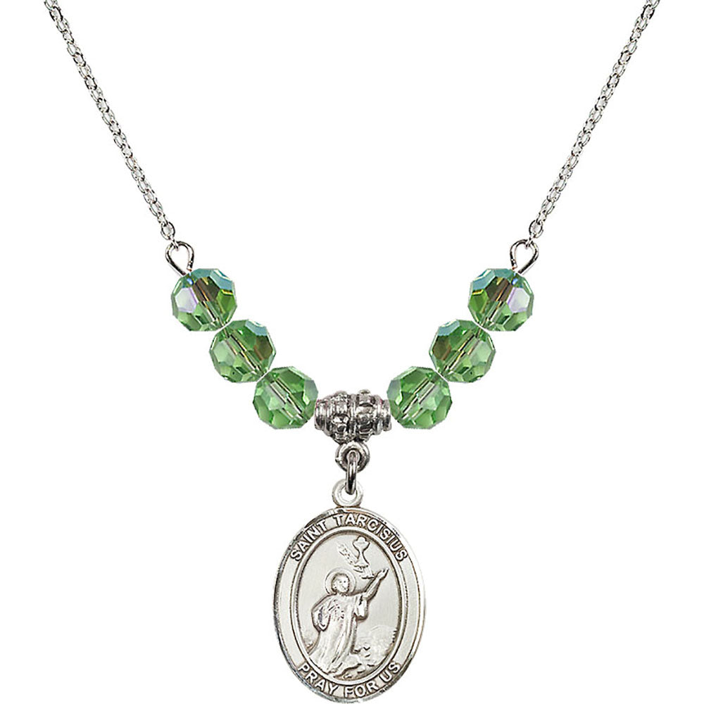 Sterling Silver Saint Tarcisius Birthstone Necklace with Peridot Beads - 8261