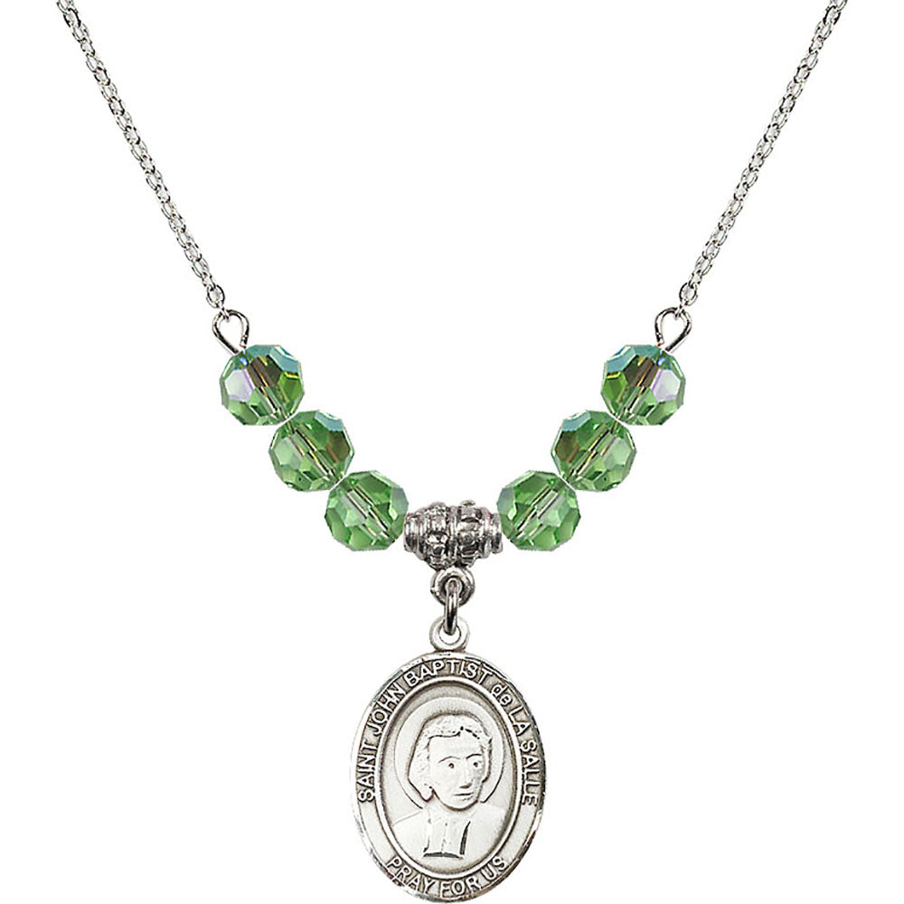 Sterling Silver Saint John Baptist de la Salle Birthstone Necklace with Peridot Beads - 8262