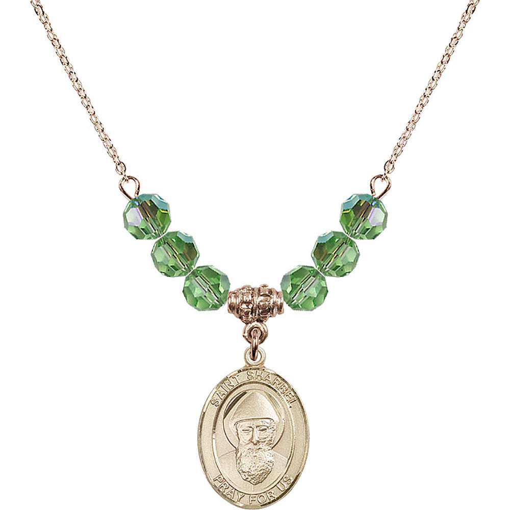 14kt Gold Filled Saint Sharbel Birthstone Necklace with Peridot Beads - 8271