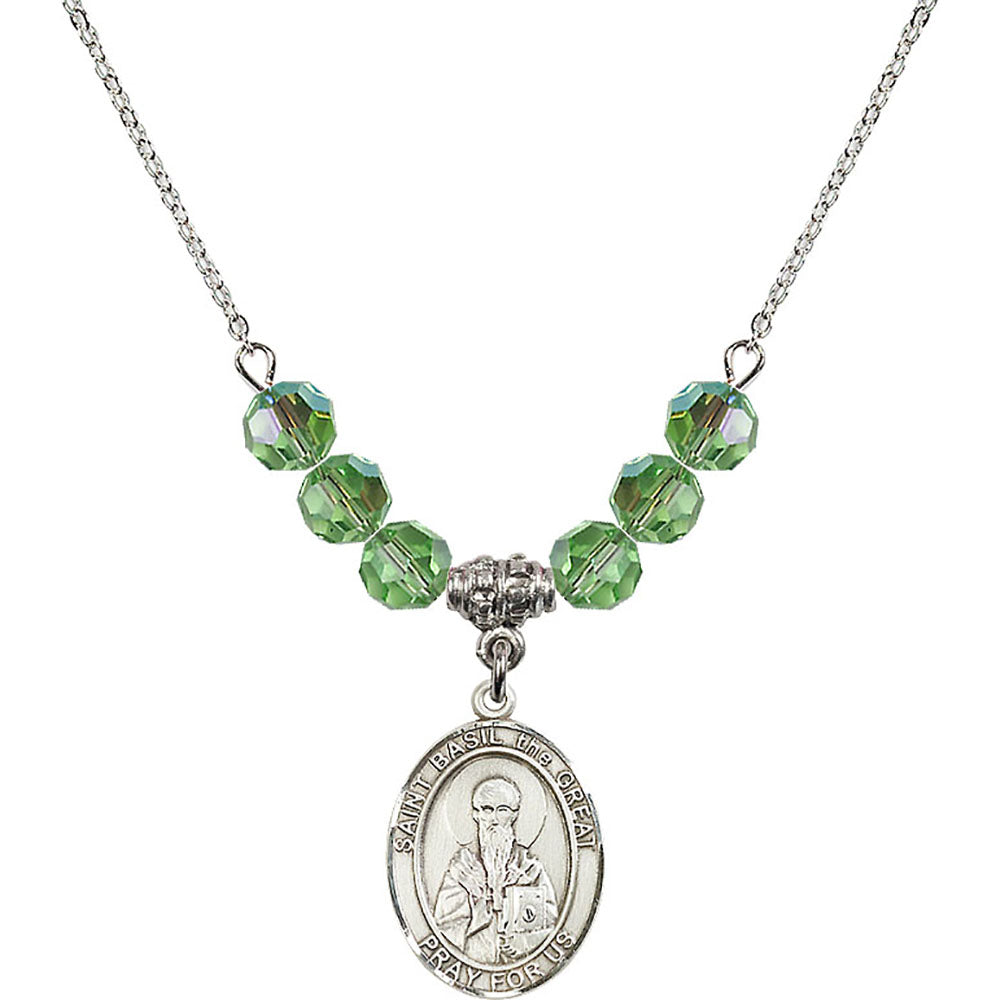 Sterling Silver Saint Basil the Great Birthstone Necklace with Peridot Beads - 8275