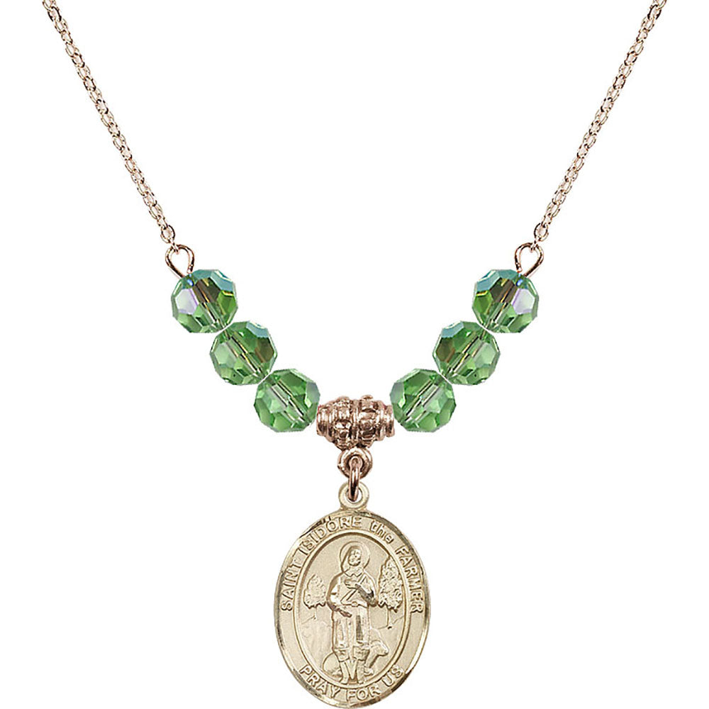 14kt Gold Filled Saint Isidore the Farmer Birthstone Necklace with Peridot Beads - 8276