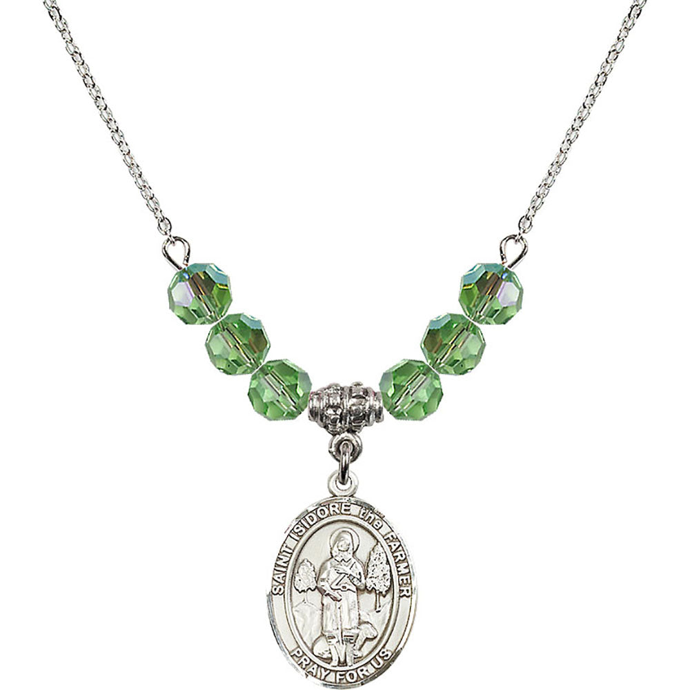 Sterling Silver Saint Isidore the Farmer Birthstone Necklace with Peridot Beads - 8276