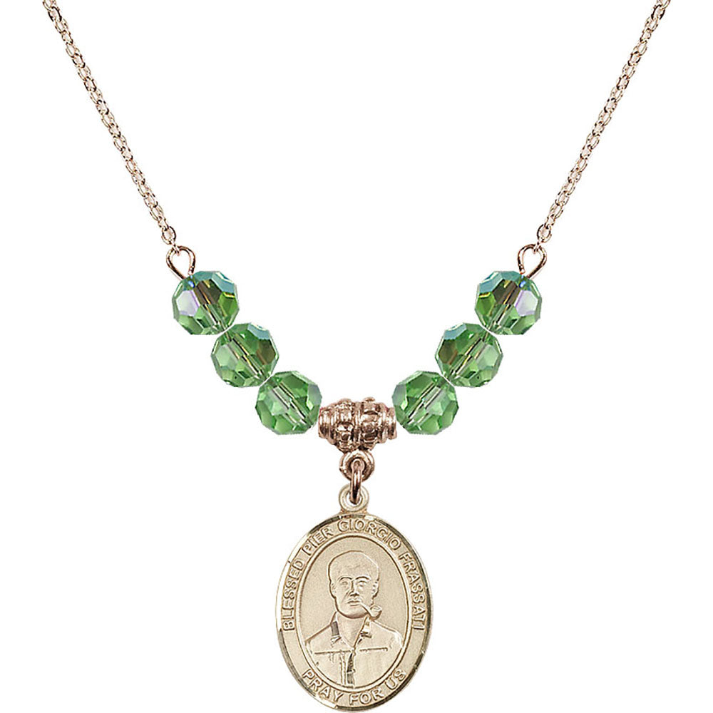 14kt Gold Filled Blessed Pier Giorgio Frassati Birthstone Necklace with Peridot Beads - 8278