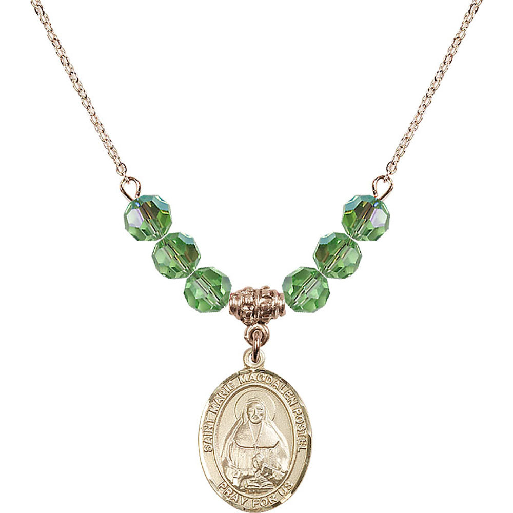 14kt Gold Filled Saint Marie Magdalen Postel Birthstone Necklace with Peridot Beads - 8294