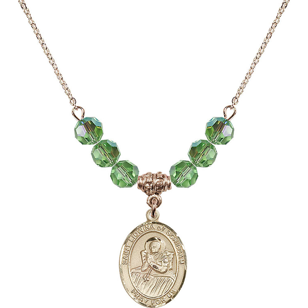 14kt Gold Filled Saint Lidwina of Schiedam Birthstone Necklace with Peridot Beads - 8297