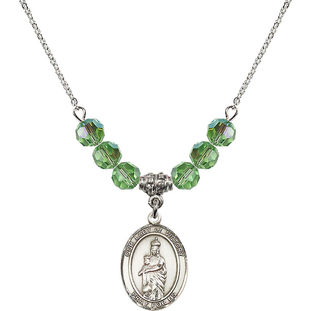 Sterling Silver Our Lady of Victory Birthstone Necklace with Peridot Beads - 8306