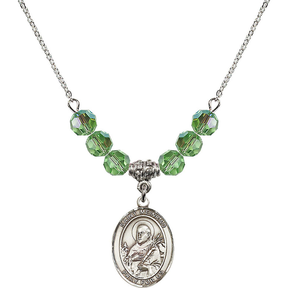 Sterling Silver Saint Meinrad of Einsiedeln Birthstone Necklace with Peridot Beads - 8307