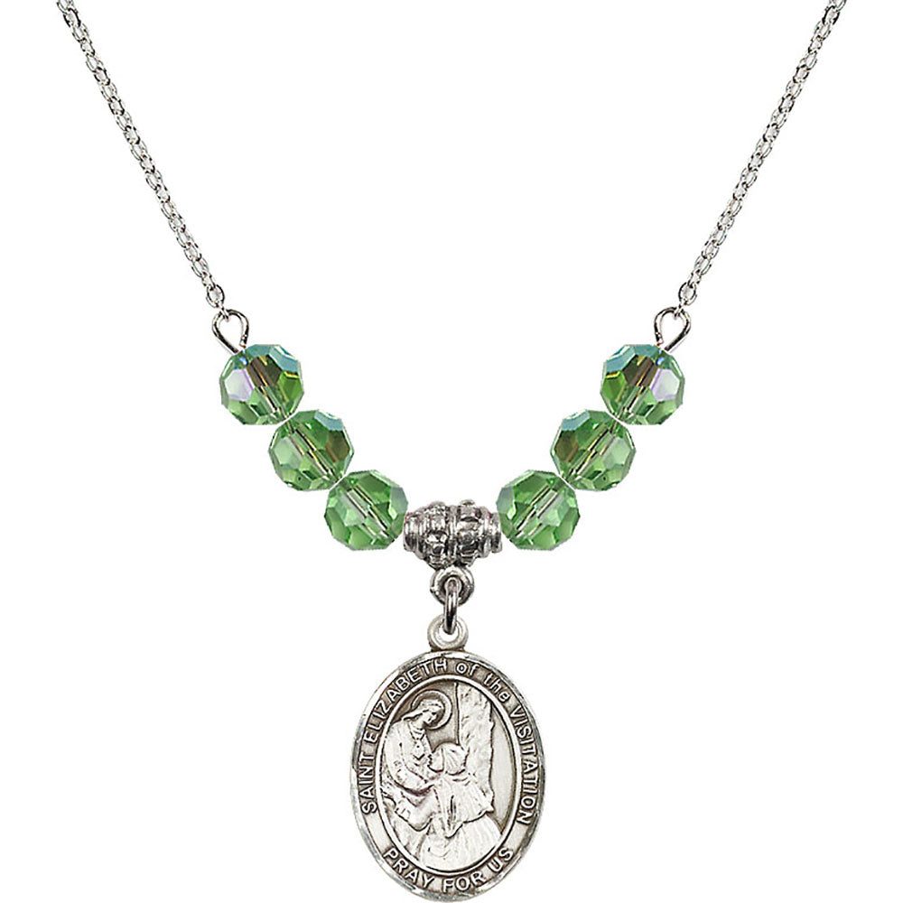Sterling Silver Saint Elizabeth of the Visitation Birthstone Necklace with Peridot Beads - 8311
