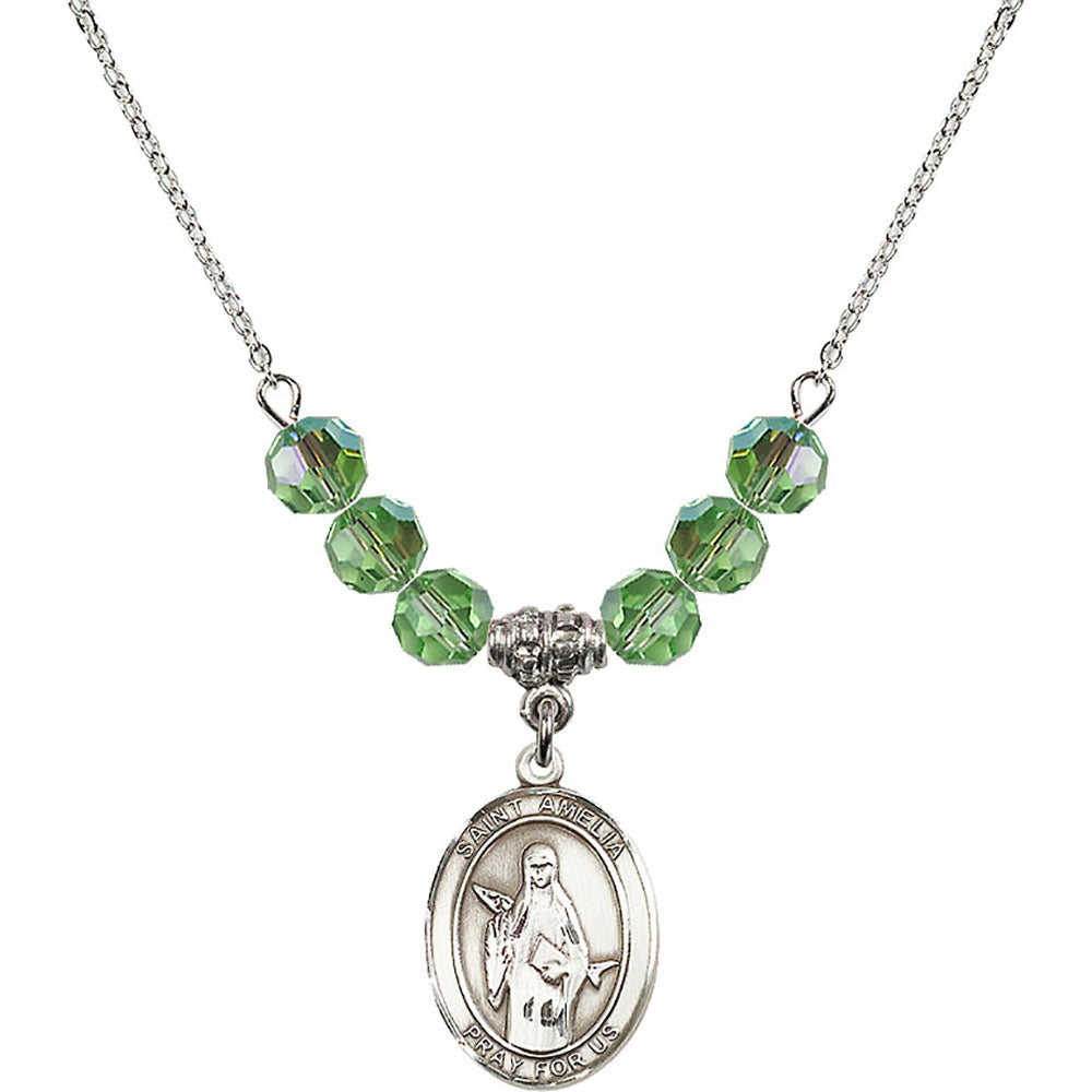 Sterling Silver Saint Amelia Birthstone Necklace with Peridot Beads - 8313