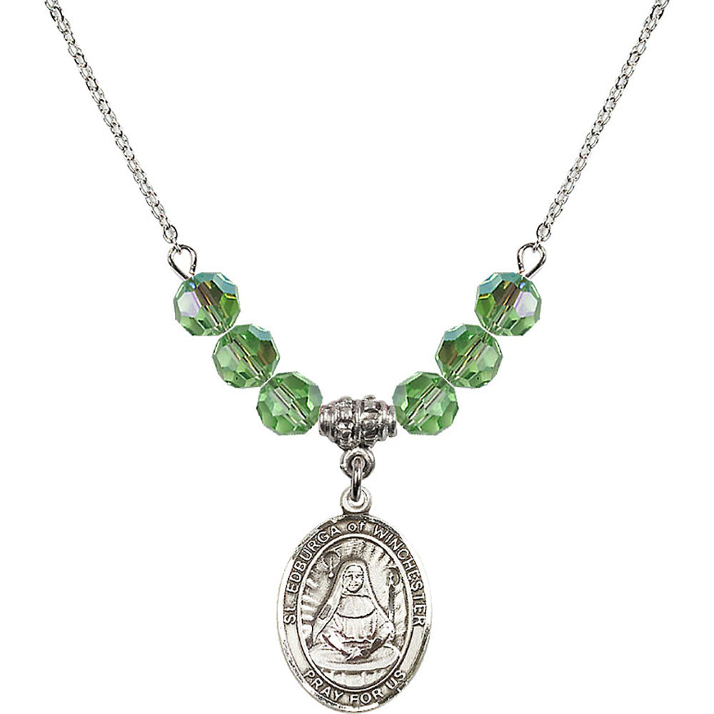 Sterling Silver Saint Edburga of Winchester Birthstone Necklace with Peridot Beads - 8324