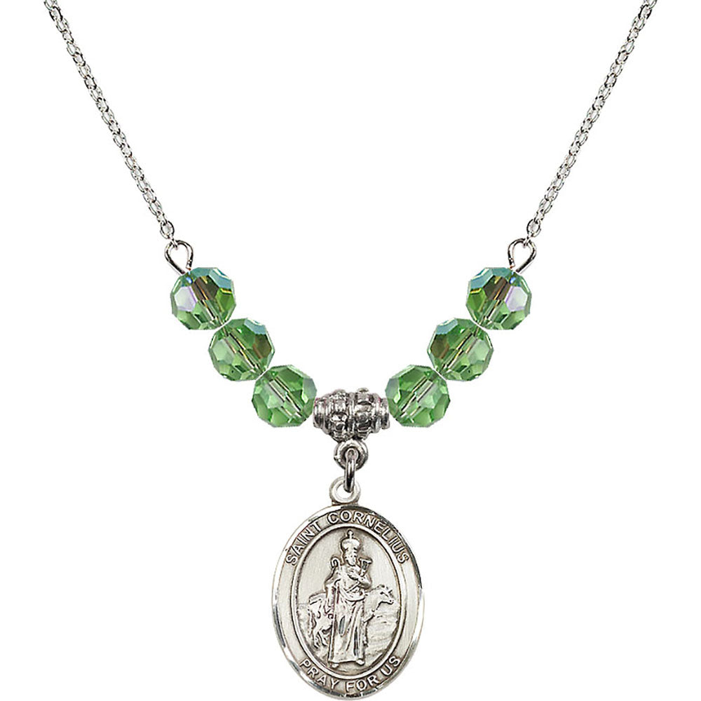 Sterling Silver Saint Cornelius Birthstone Necklace with Peridot Beads - 8325