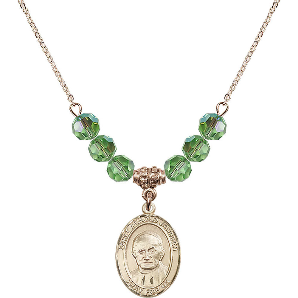 14kt Gold Filled Saint Arnold Janssen Birthstone Necklace with Peridot Beads - 8328